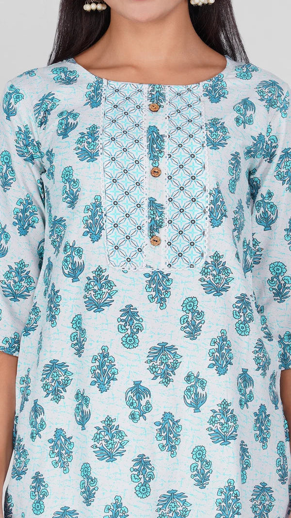 Light blue floral printed straight-cut salwar kameez suit with matching trousers and patterned dupatta