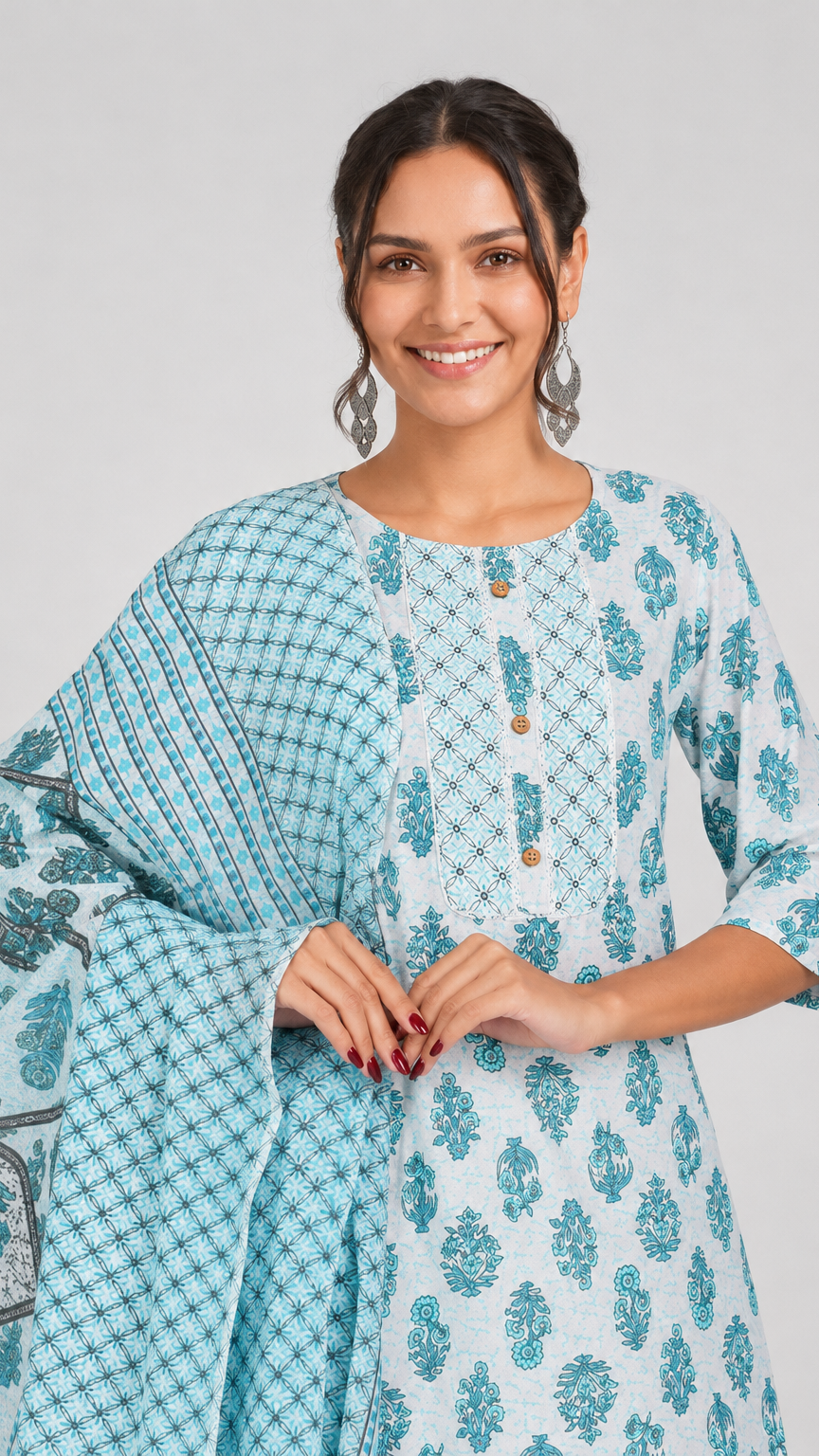 Light blue floral printed straight-cut salwar kameez suit with matching trousers and patterned dupatta