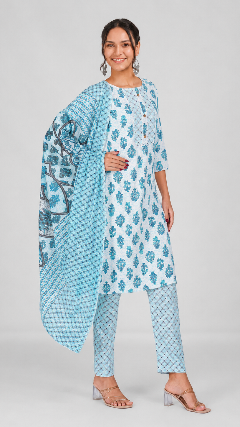 Light blue floral printed straight-cut salwar kameez suit with matching trousers and patterned dupatta
