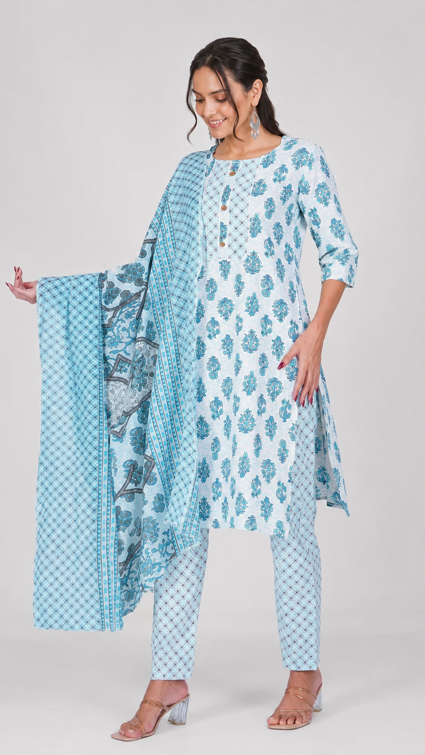 Light blue floral printed straight-cut salwar kameez suit with matching trousers and patterned dupatta