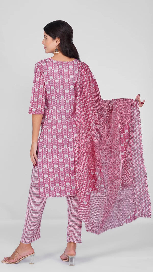 Pink floral printed salwar kameez suit with matching straight trousers and patterned dupatta