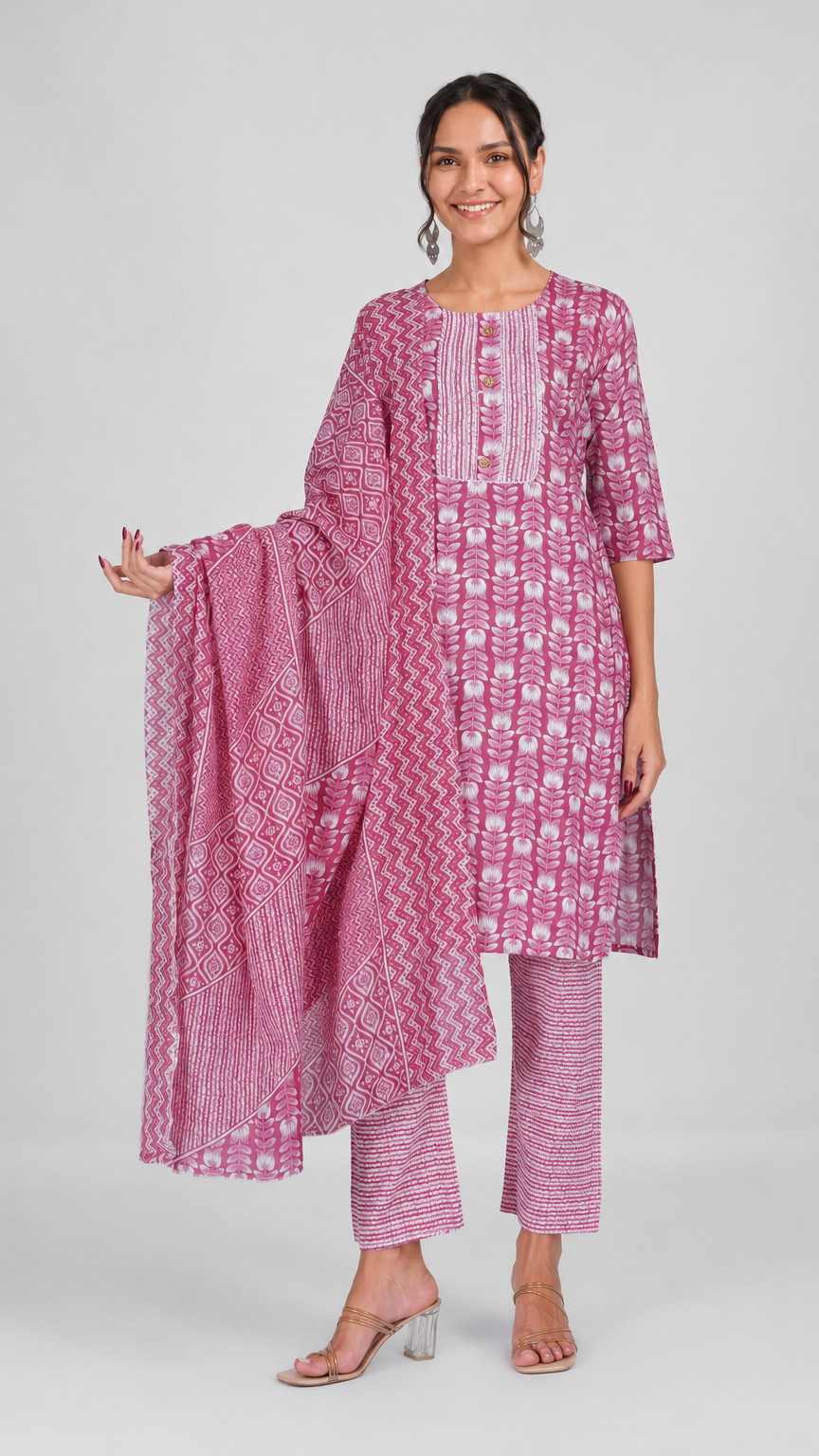 Pink floral printed salwar kameez suit with matching straight trousers and patterned dupatta