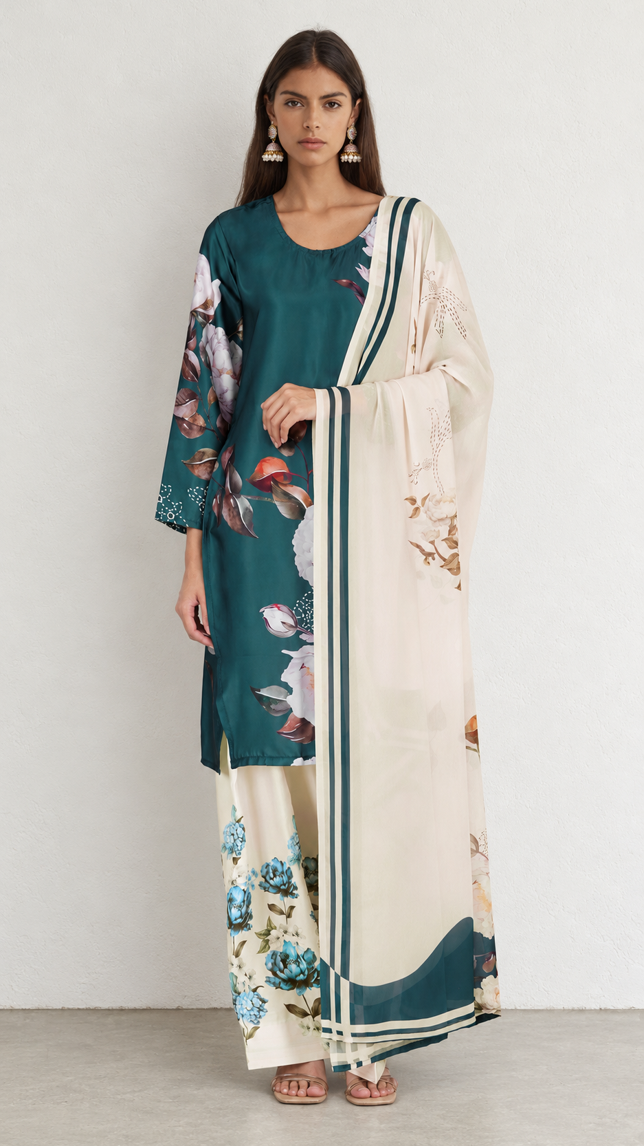 A woman modeling a traditional three-piece salwar kameez suit in teal green and cream. The kurta features a teal green base with a floral print, the wide legs are cream with matching floral prints, and the draped dupatta is cream with teal borders and floral accents.
