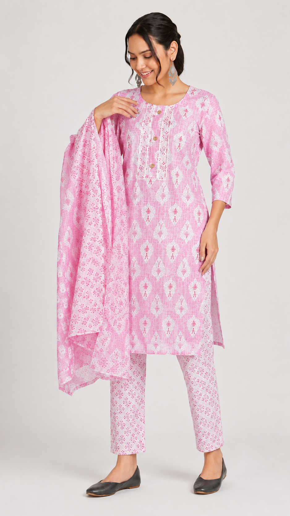 Pink printed salwar kameez suit with straight trousers and matching floral dupatta