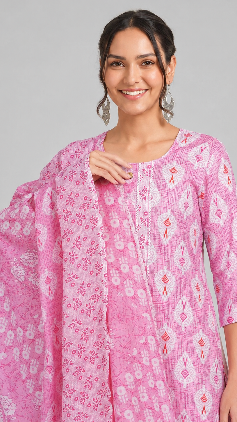 Pink printed salwar kameez suit with straight trousers and matching floral dupatta