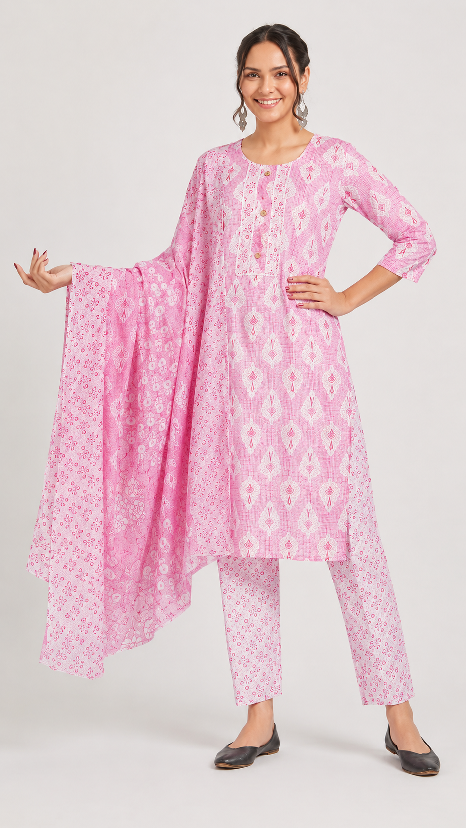 Pink printed salwar kameez suit with straight trousers and matching floral dupatta