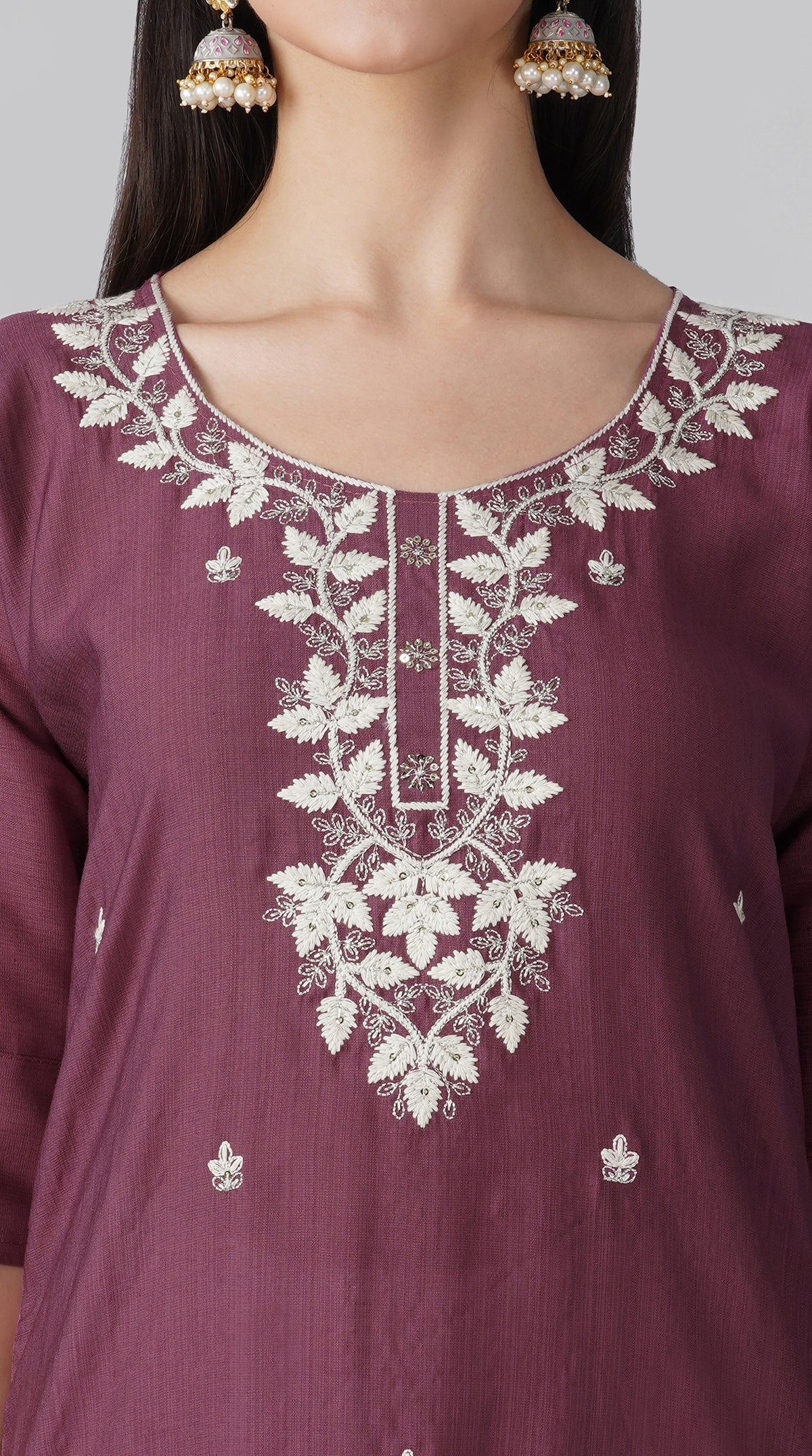 Pink cotton kurta suit with embroidery, white trousers and dupatta