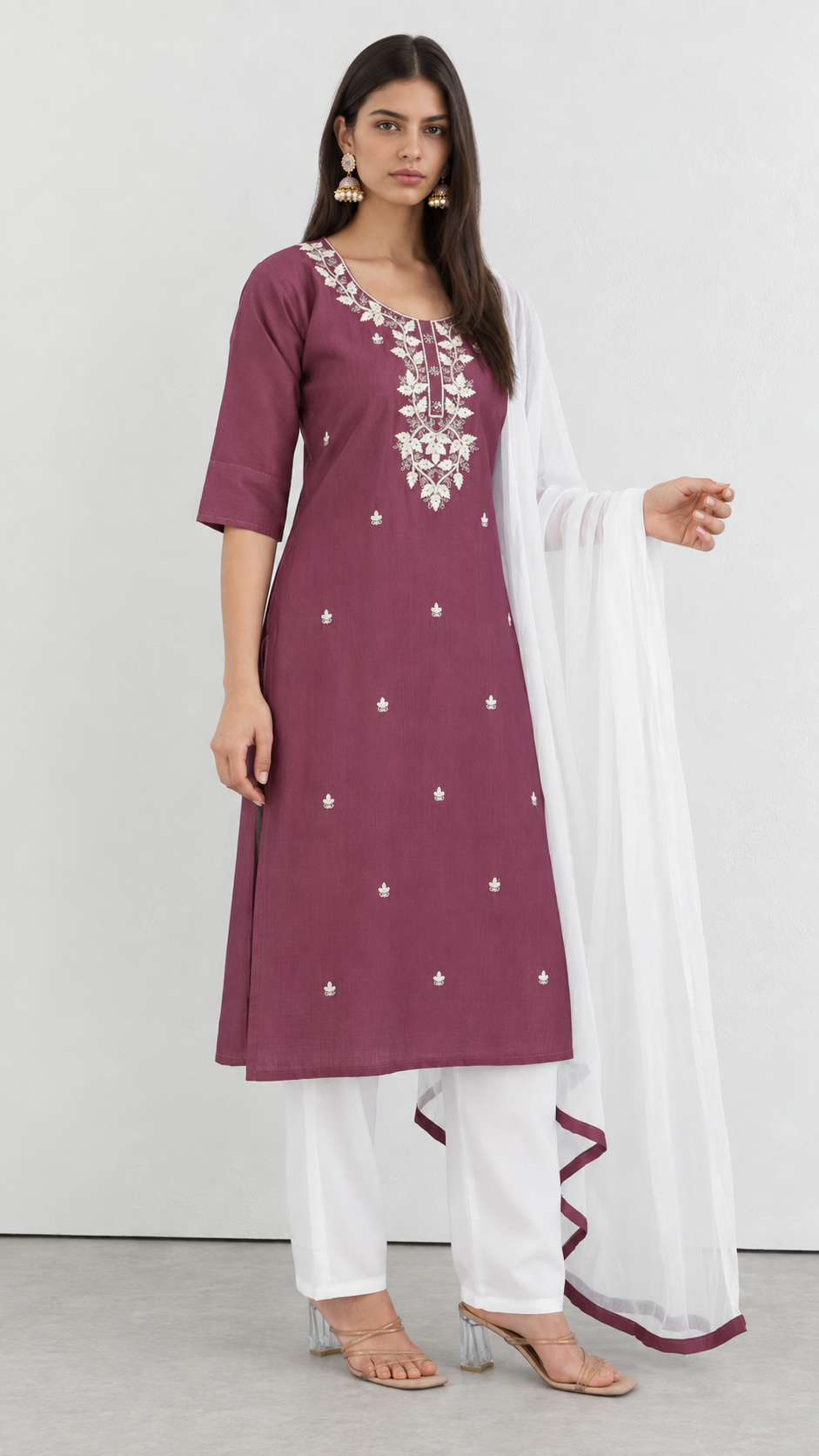 Pink cotton kurta suit with embroidery, white trousers and dupatta
