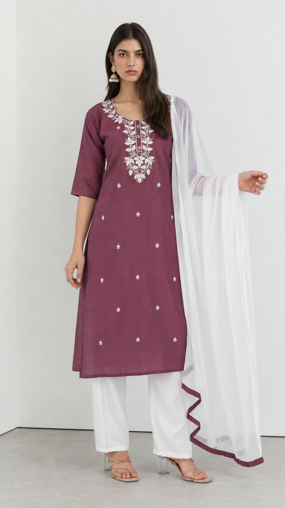 Pink cotton kurta suit with embroidery, white trousers and dupatta