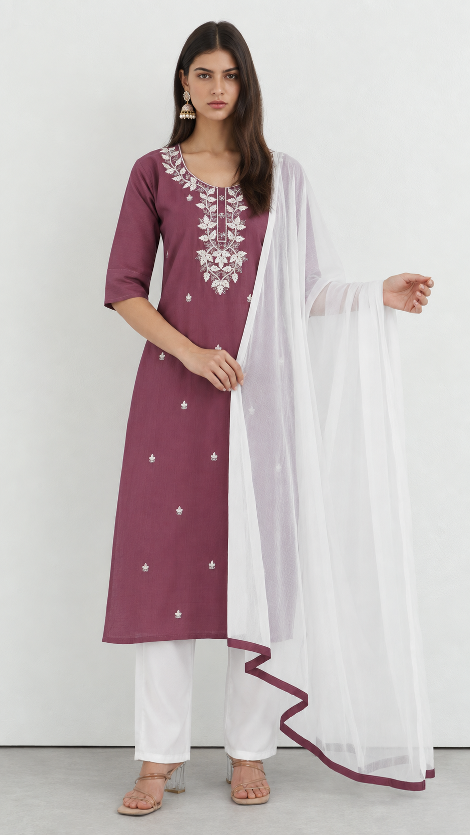 Pink cotton kurta suit with embroidery, white trousers and dupatta