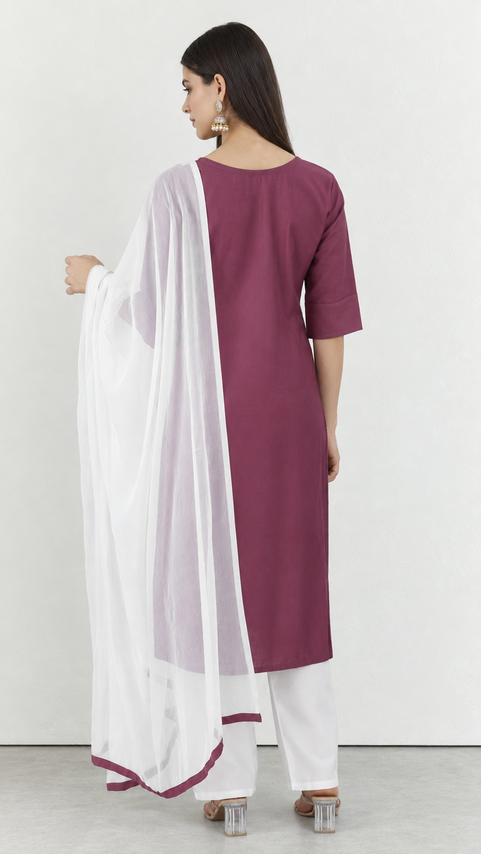 Pink cotton kurta suit with embroidery, white trousers and dupatta