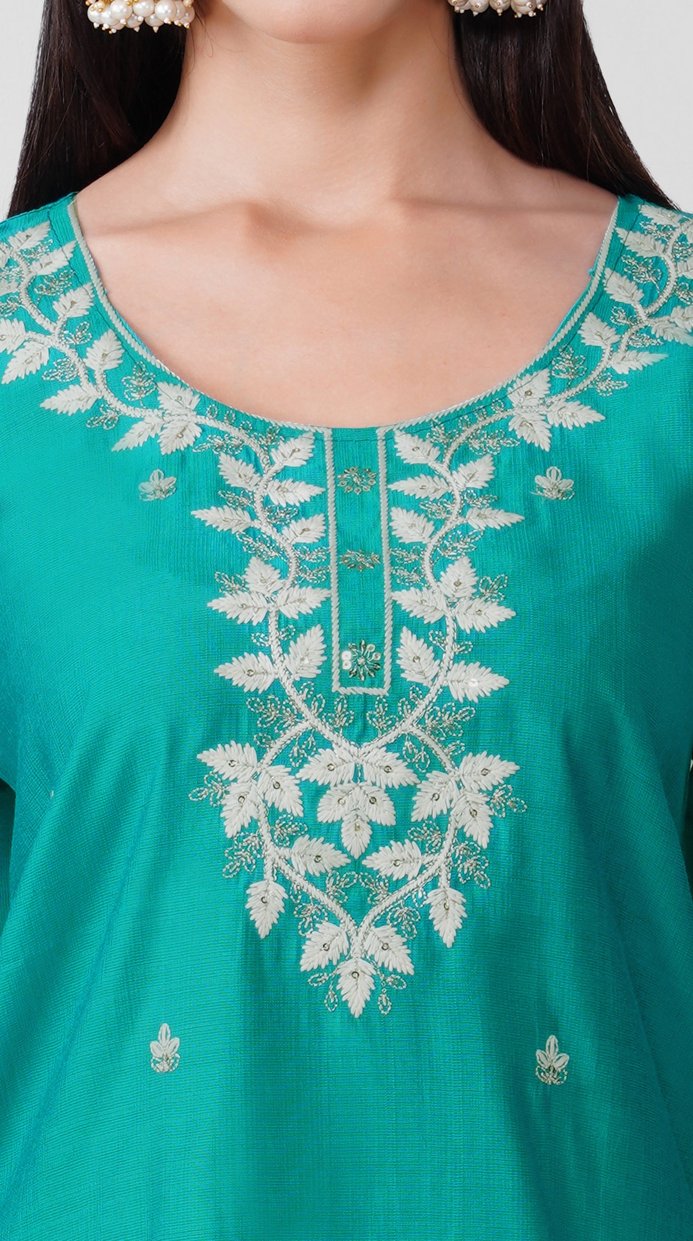 Teal  Threadwork Cotton Kurta Set with White Trousers & Dupatta