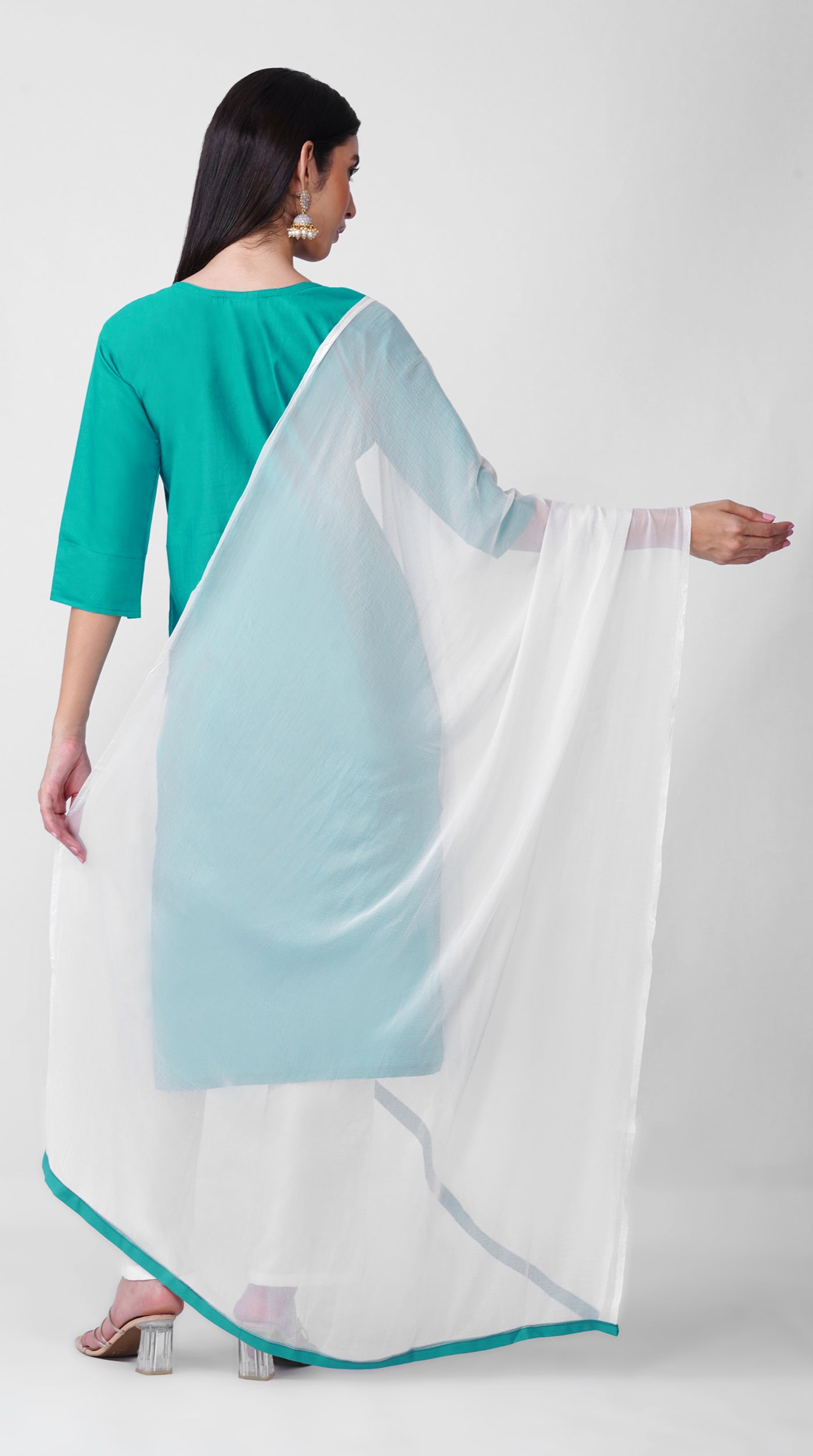 Teal  Threadwork Cotton Kurta Set with White Trousers & Dupatta