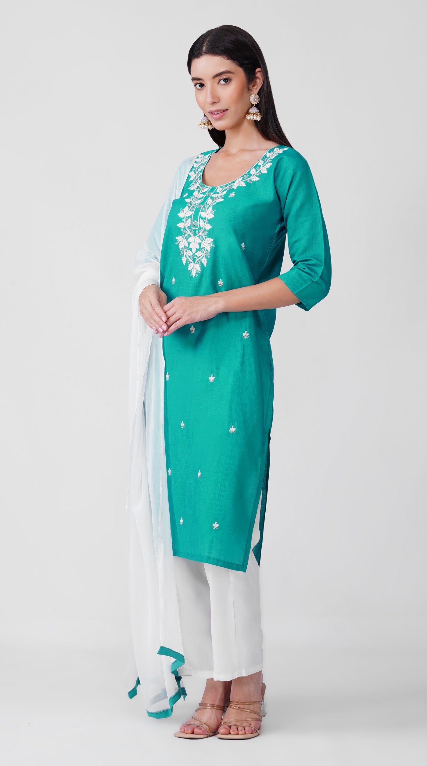 Teal  Threadwork Cotton Kurta Set with White Trousers & Dupatta