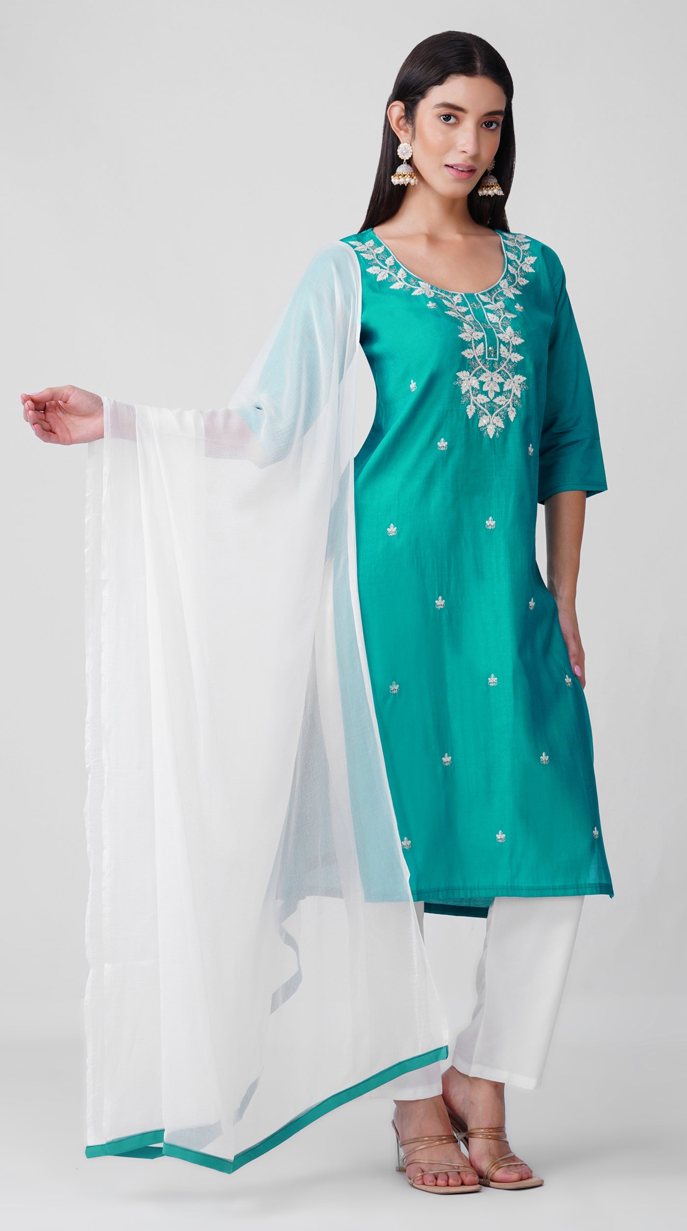 Teal  Threadwork Cotton Kurta Set with White Trousers & Dupatta