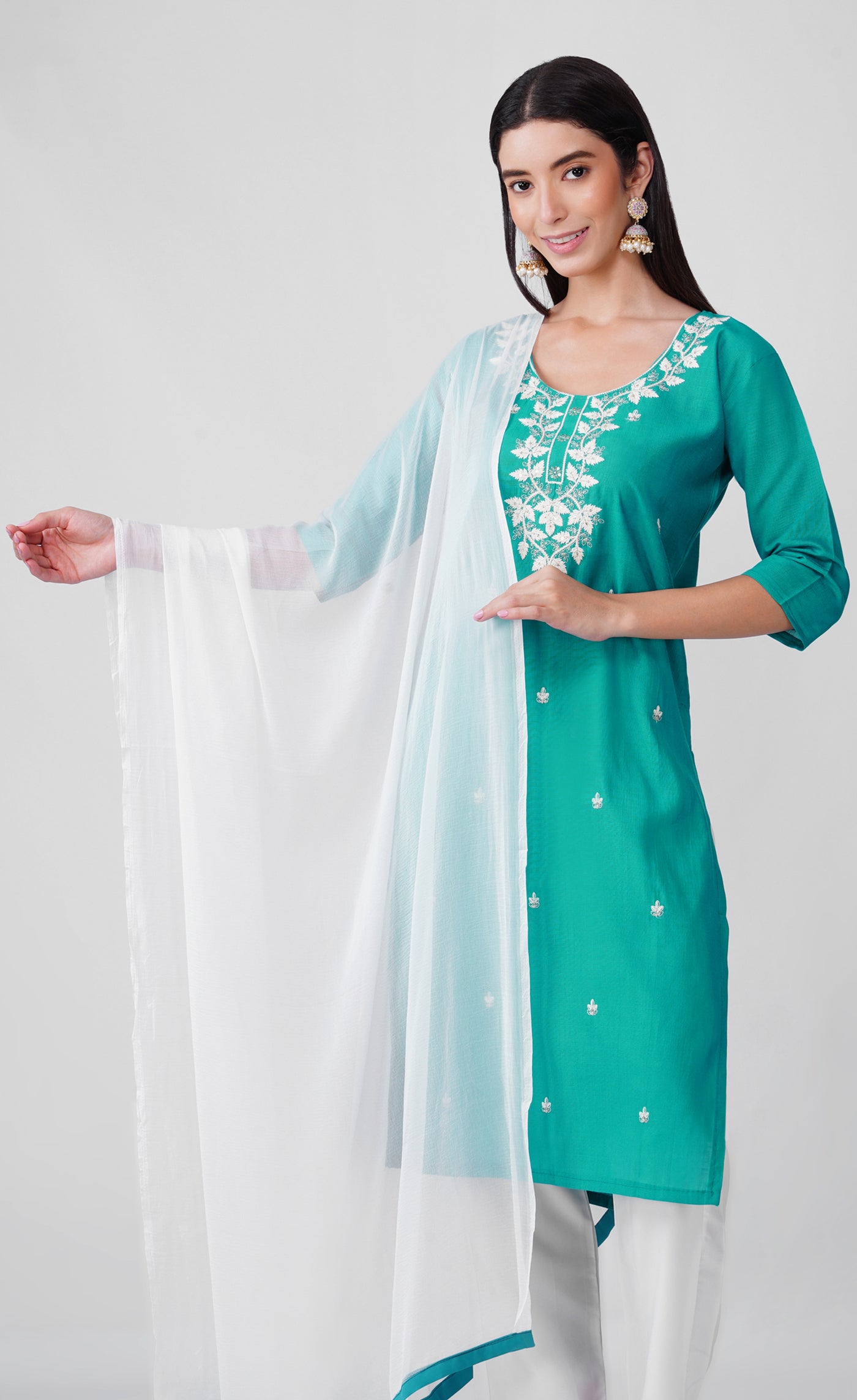 Teal  Threadwork Cotton Kurta Set with White Trousers & Dupatta