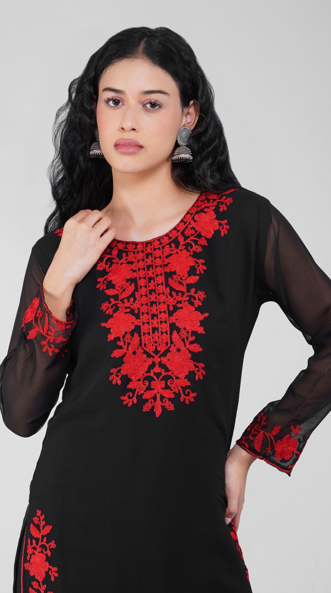 Black Thread Embroidered Shift Suit Set with Georgette Dupatta