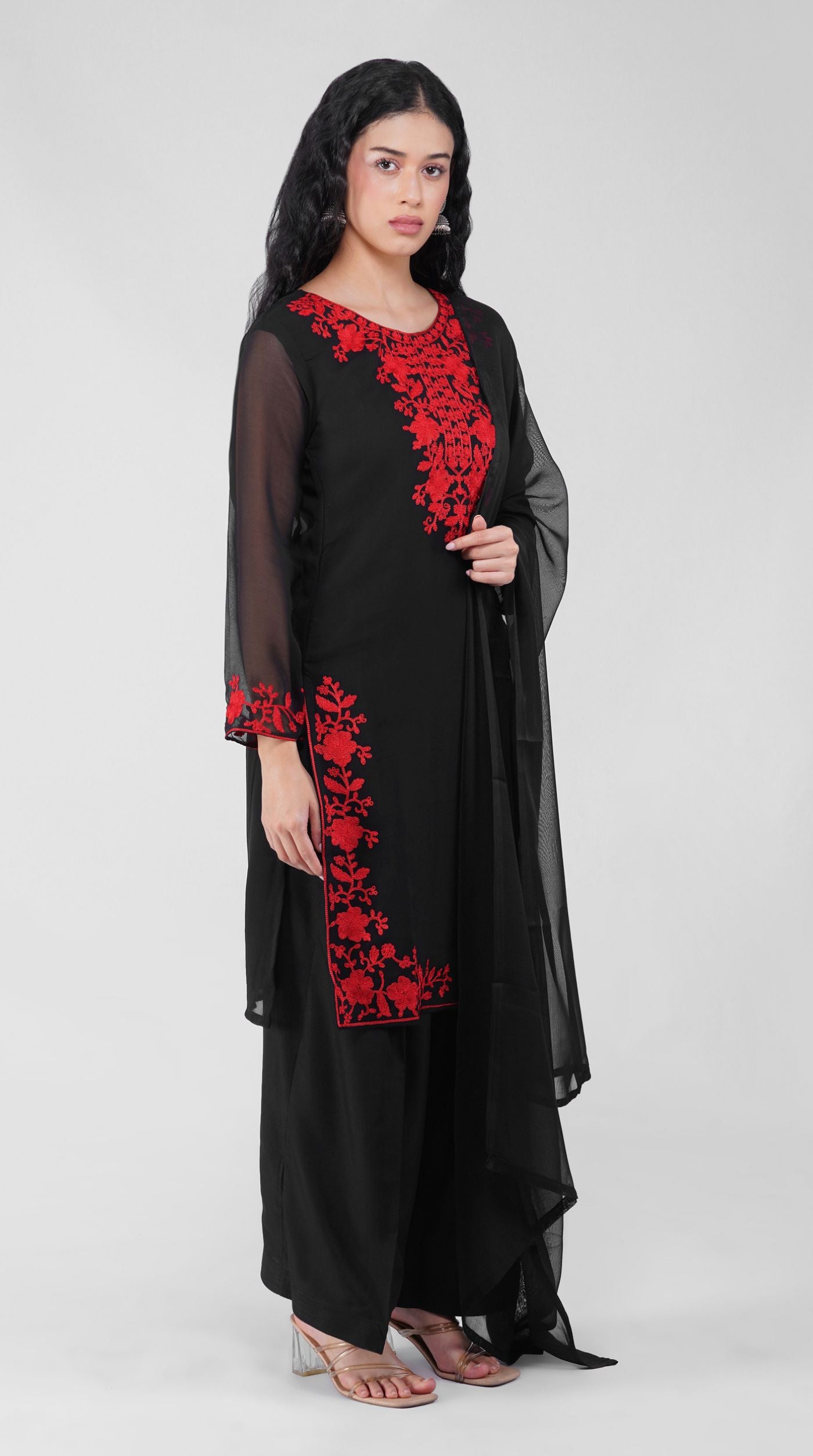 Black Thread Embroidered Shift Suit Set with Georgette Dupatta