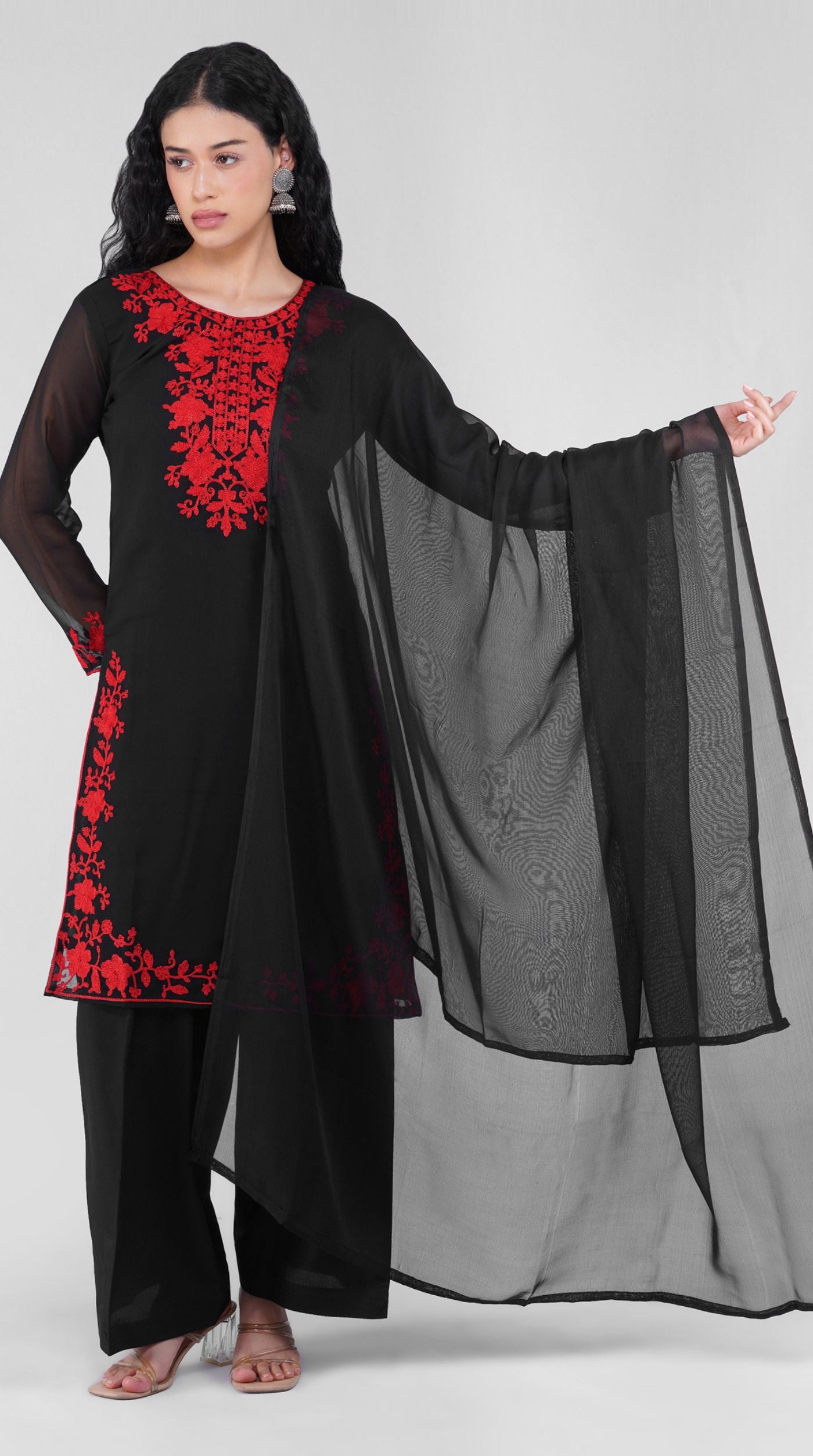 Black Thread Embroidered Shift Suit Set with Georgette Dupatta