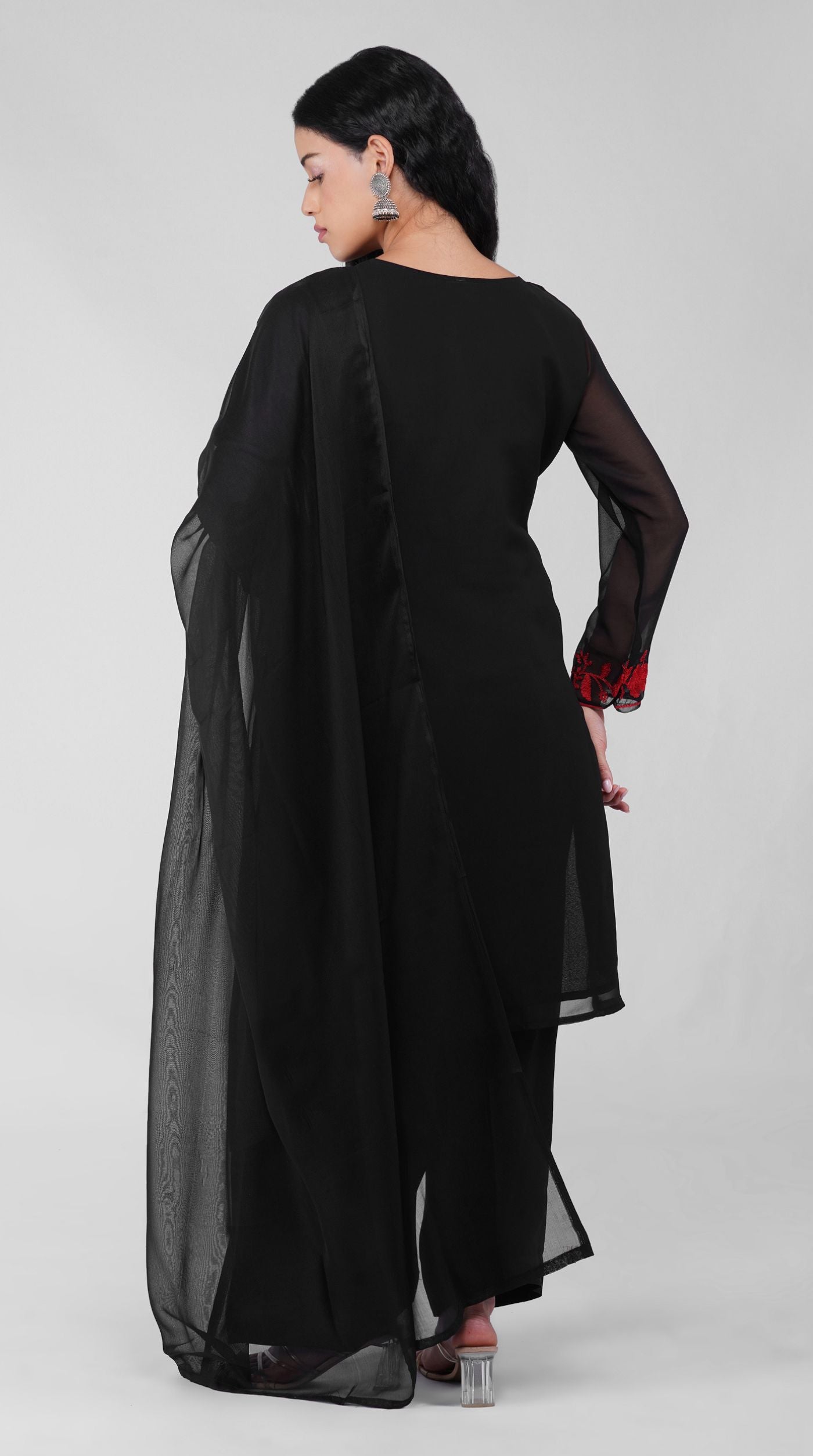 Black Thread Embroidered Shift Suit Set with Georgette Dupatta