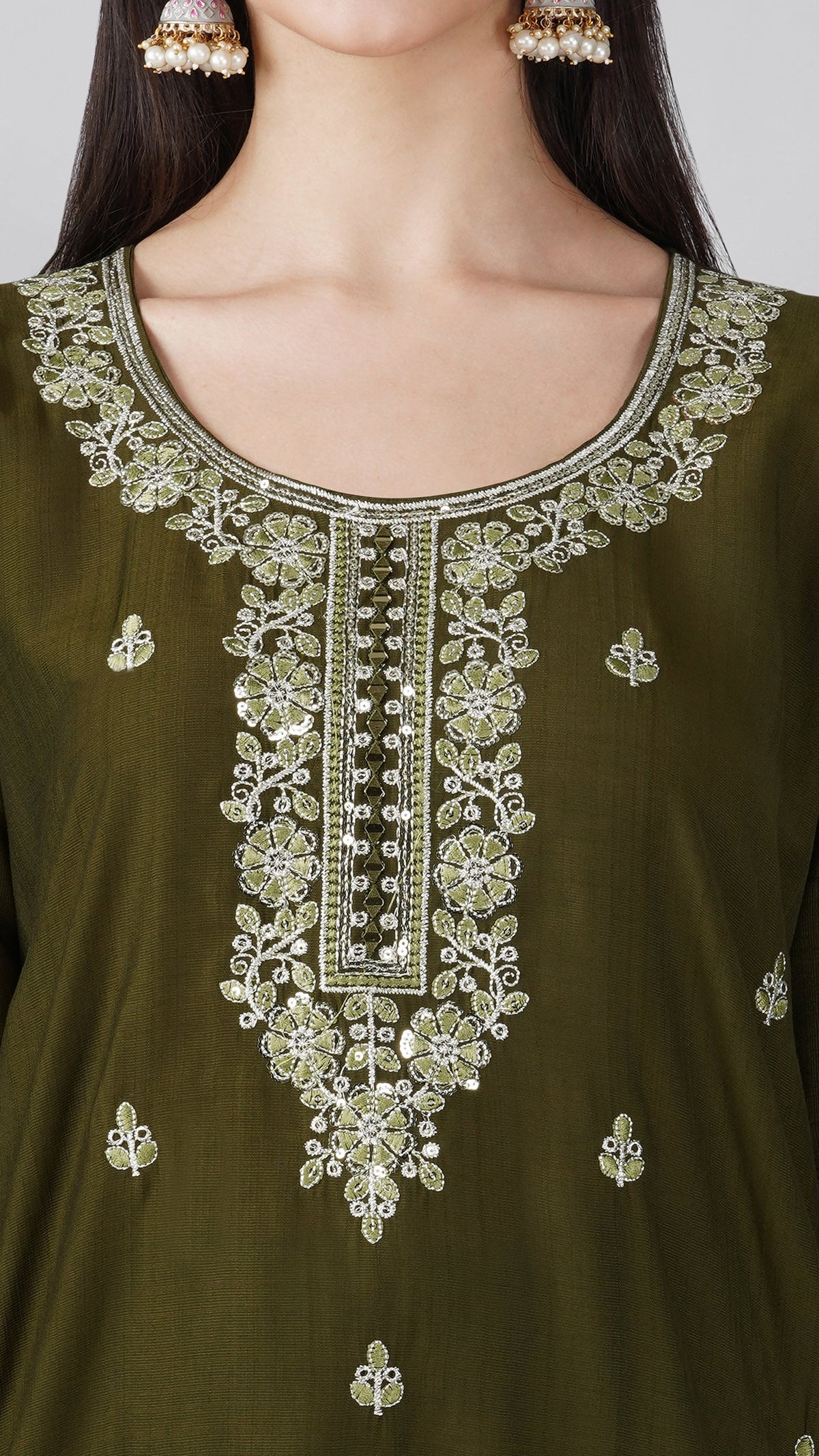 Dark green embroidered cotton suit set with matching dupatta