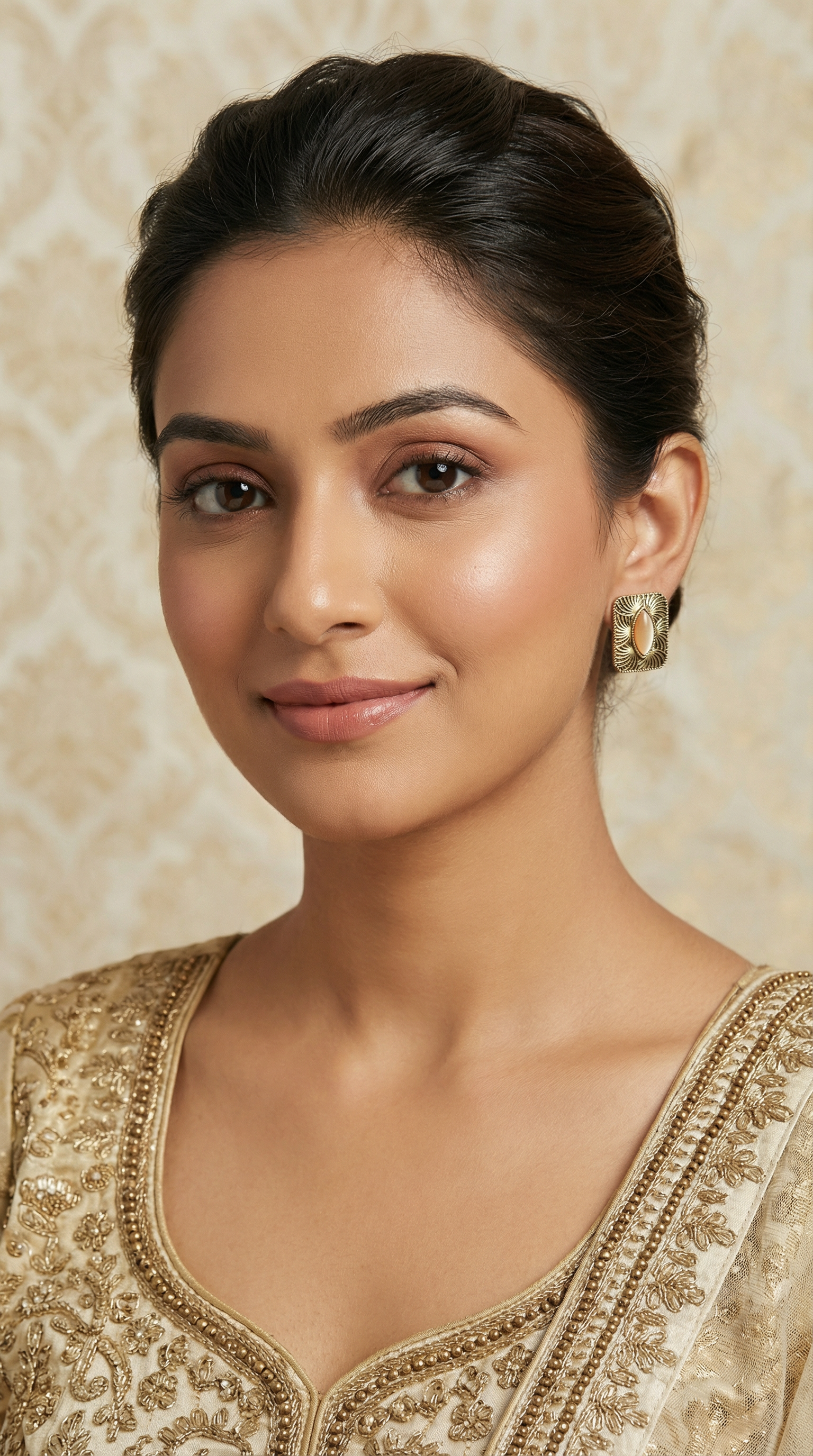 Antique Gold Square Earrings with Peach Cat’s Eye Stone