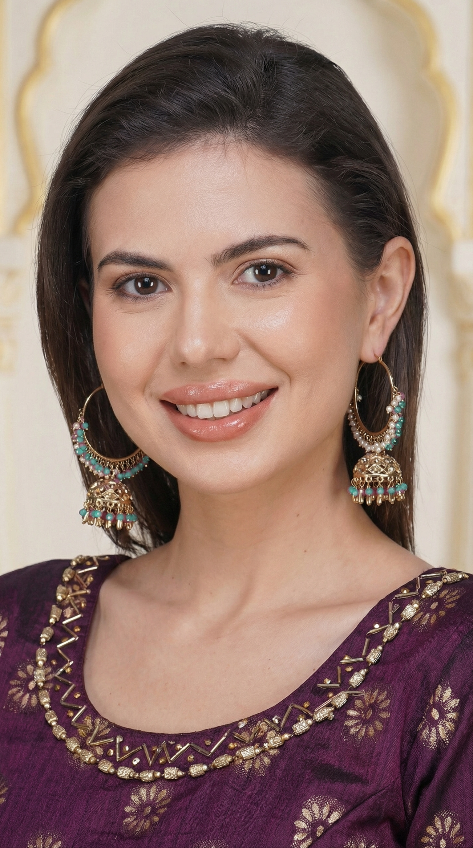 Gold Diamante with Aqua Beads and Pearl Bali Earrings