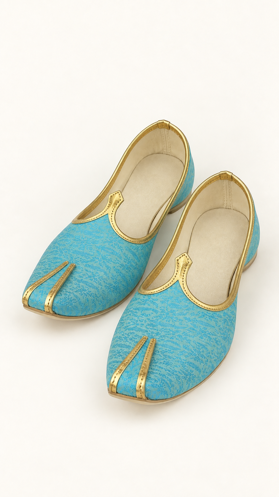 A pair of traditional Moroccan Joujou slip-on shoes in turquoise blue with gold trim and metallic toe guards, displayed on a clean off-white background.