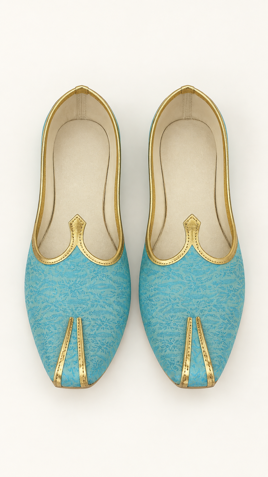 A pair of light blue traditional flat shoes with gold trim and metallic gold toe accents, displayed from a top-down view on a white background.