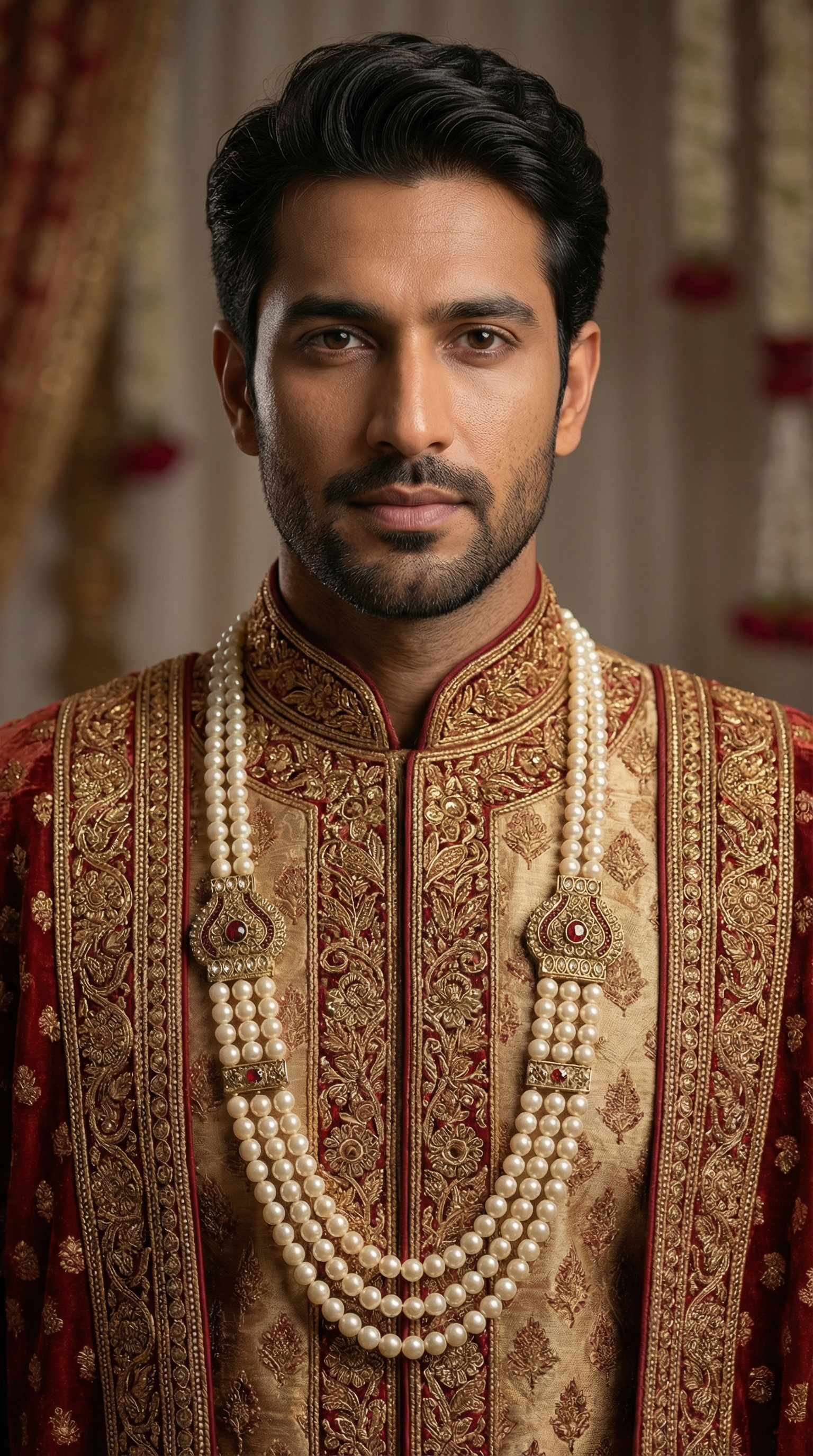 Men’s Maroon Diamonte Wedding Necklace – Pearl & Diamonte Sherwani Mala