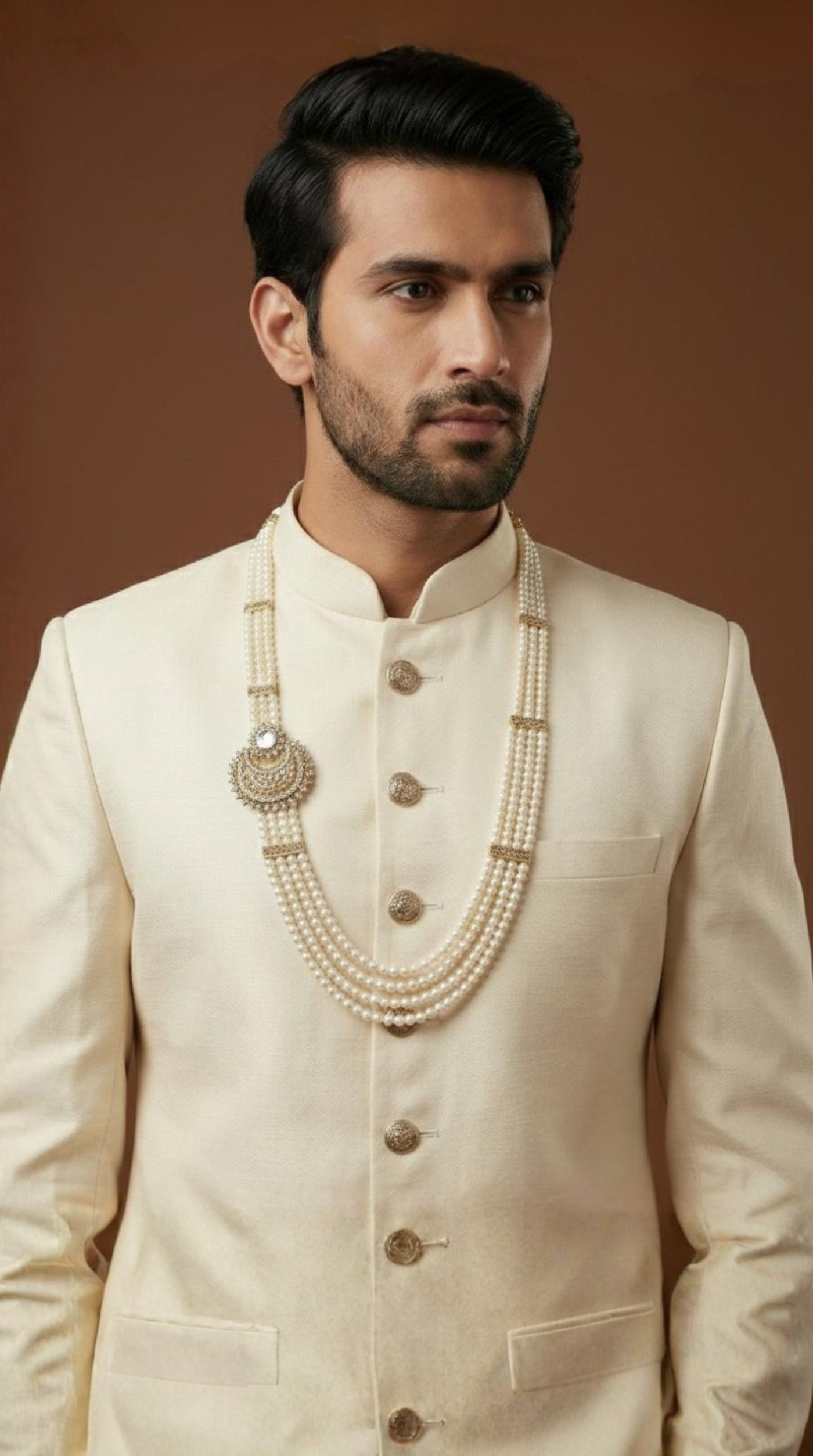 Men’s Pearl Mala Necklace with Side Diamonte Brooch