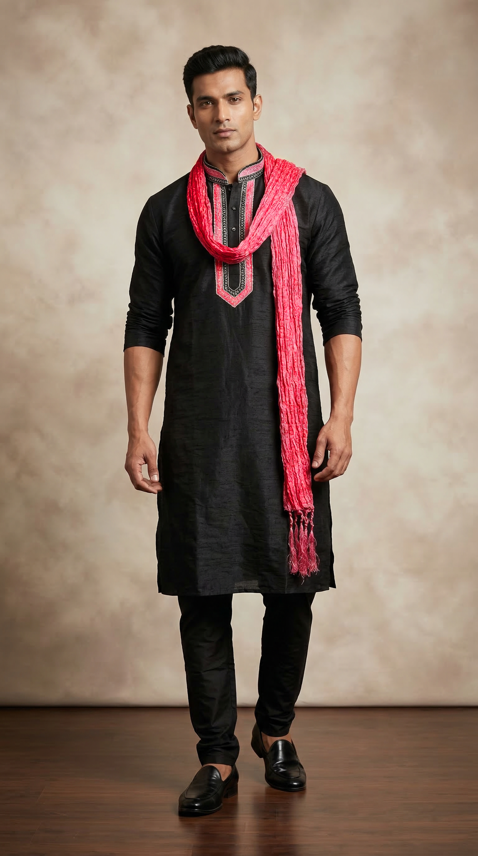 Men’s Black Brocade Kurta with Pink Panel & Crush Scarf
