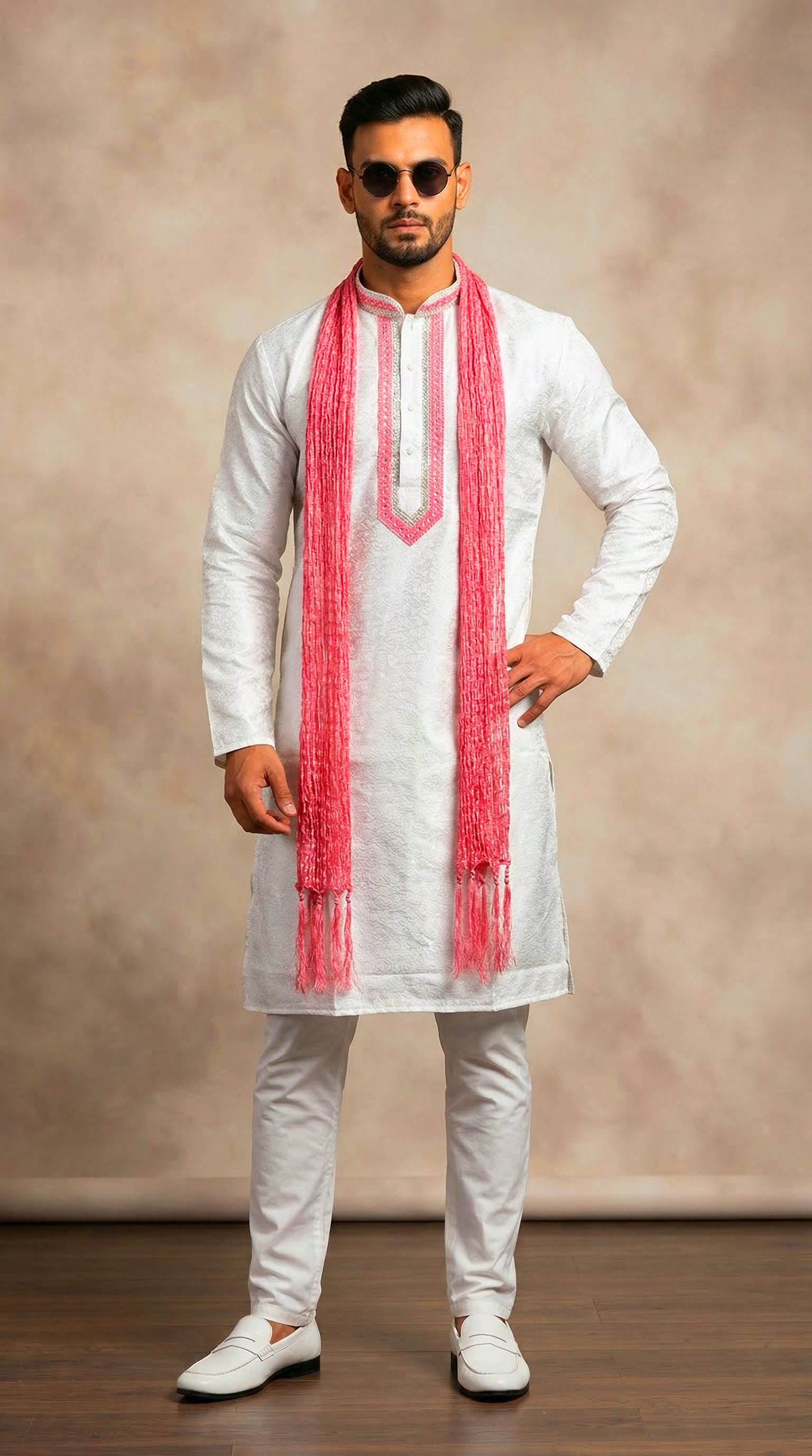 Men’s White Brocade Kurta with Pink Crush Scarf