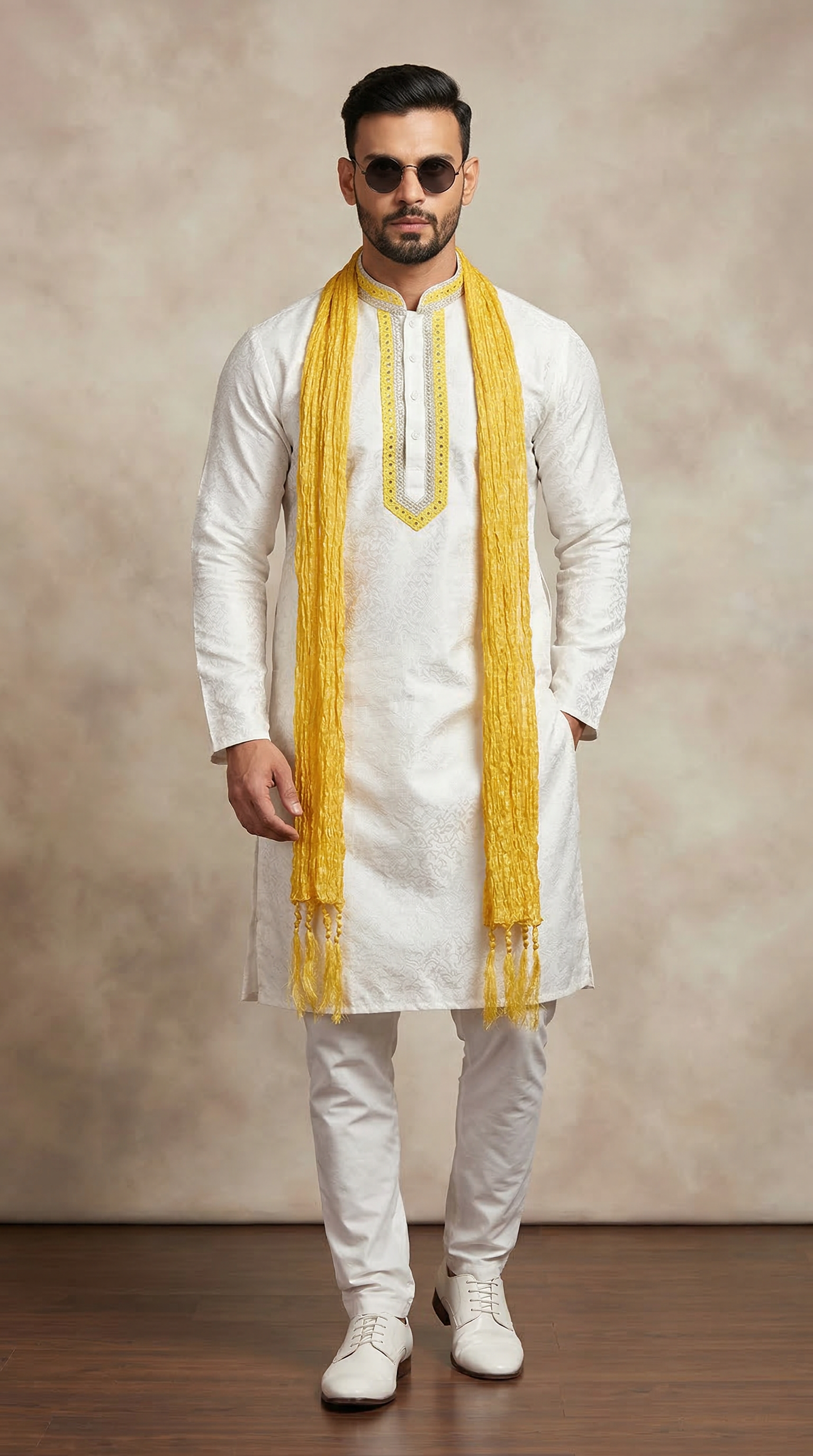 Men’s White Brocade Kurta with Yellow Crush Scarf