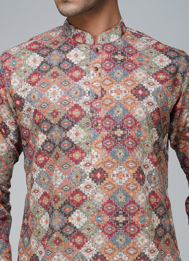 Men's Multicolour Chikankari Kurta Set