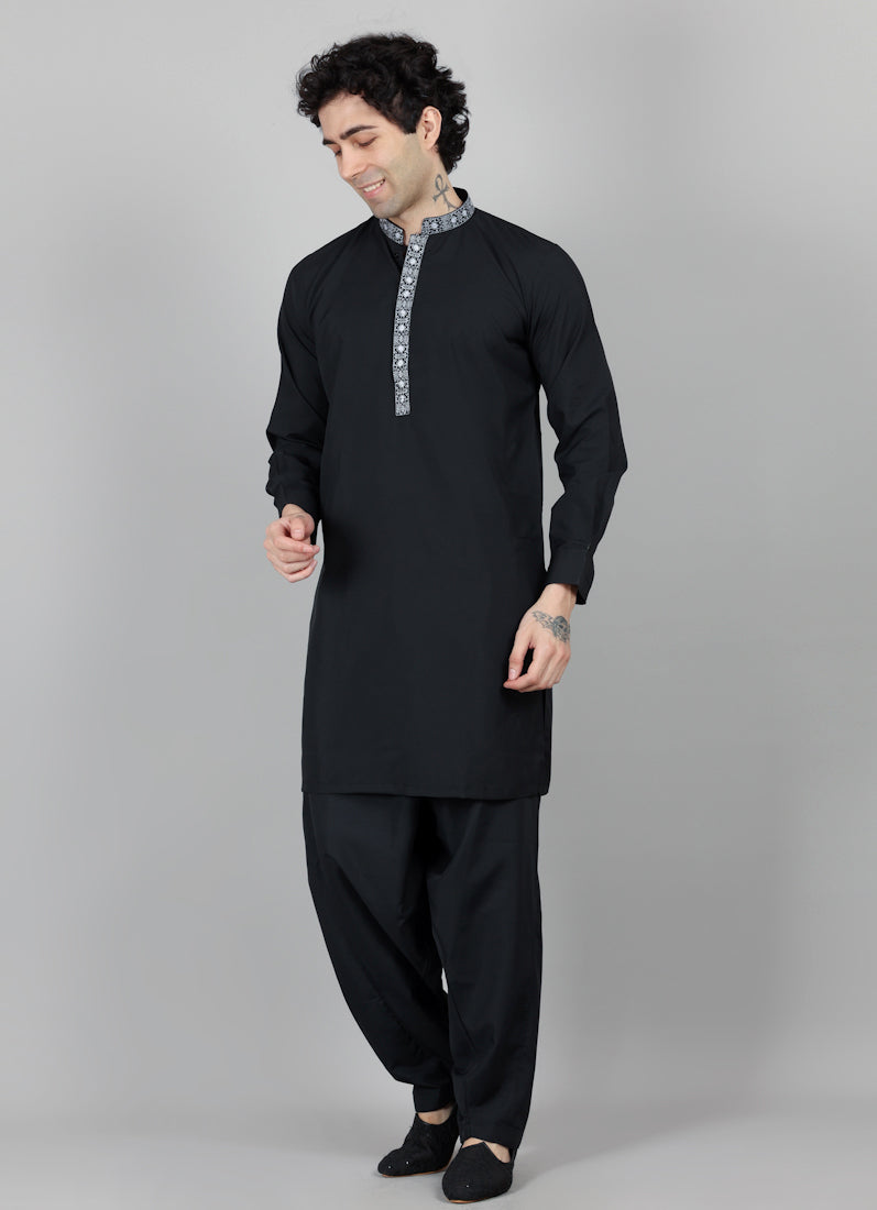 Men's Black Embroidered Salwar Set