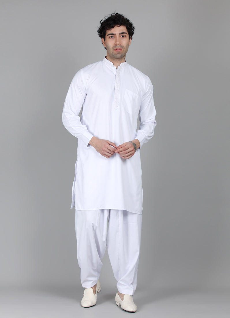 Men's White Embroidered Salwar Set