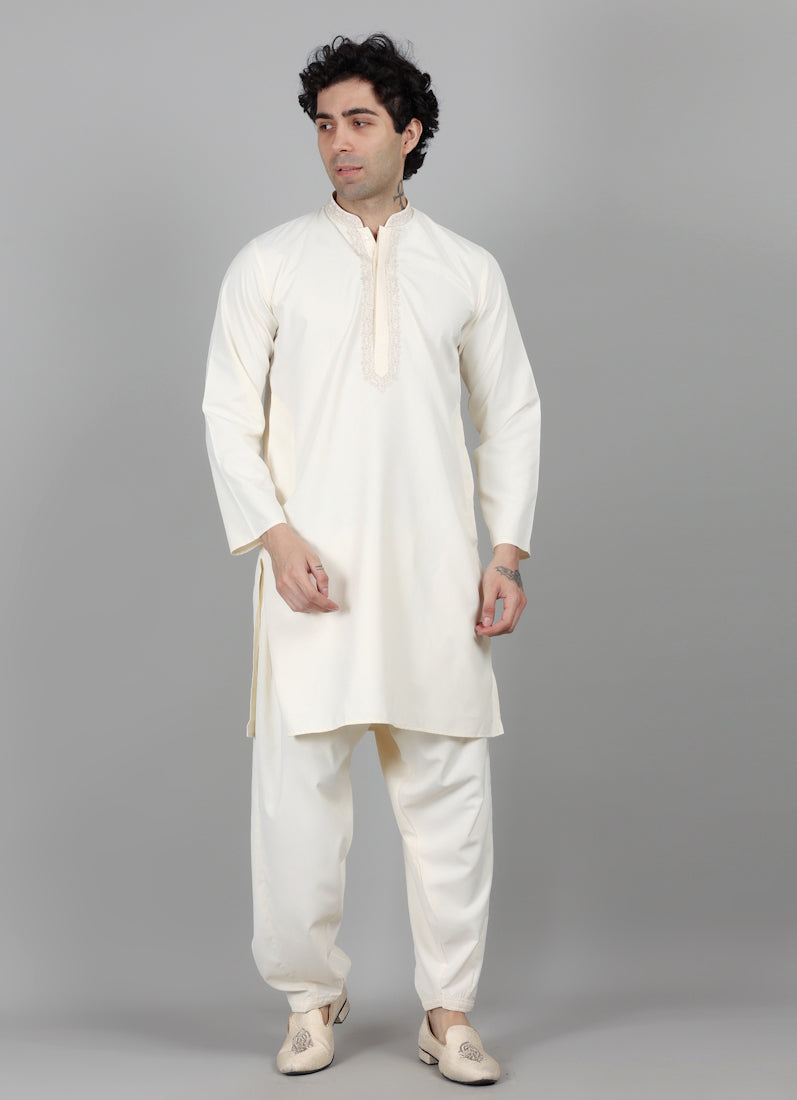 Men's Dark Cream Embroidered Salwar Set