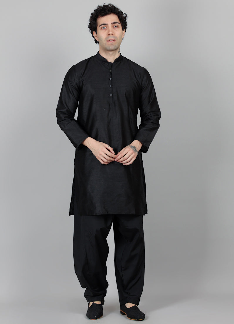 Men's Black Band Collar Kurta Salwar Set