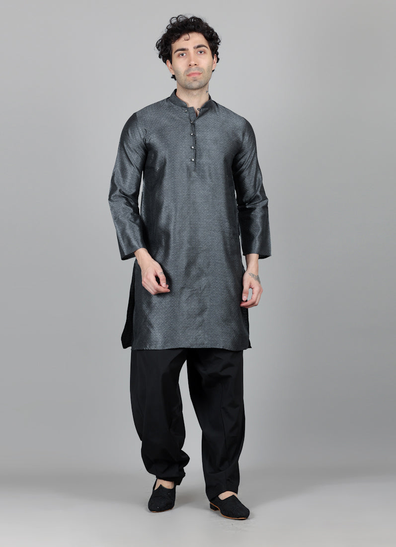 Men's Grey Jacquard Kurta Salwar Set