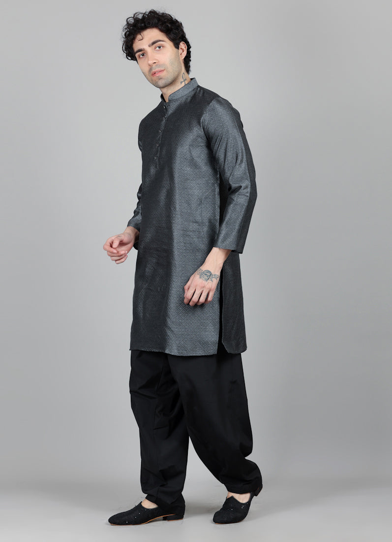 Men's Grey Jacquard Kurta Salwar Set