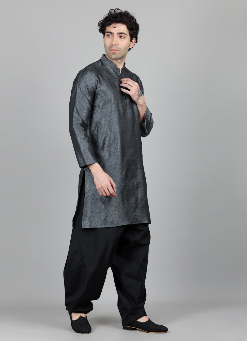 Men's Grey Jacquard Kurta Salwar Set