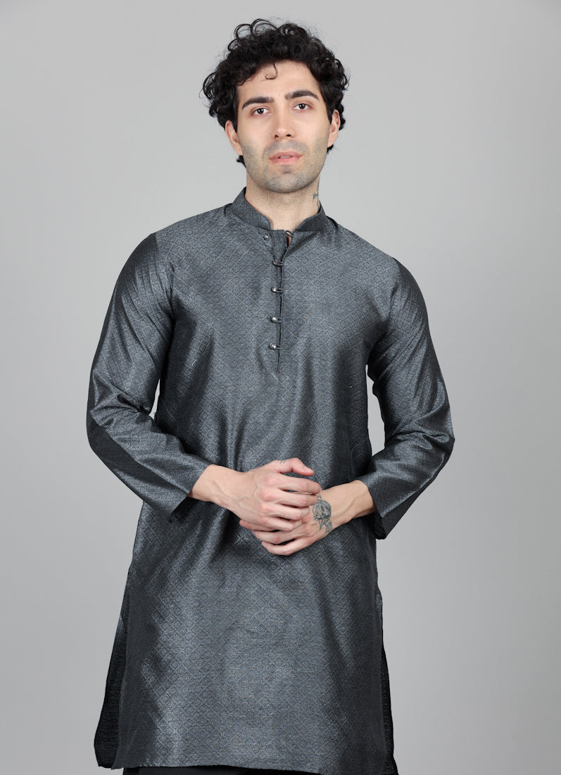 Men's Grey Jacquard Kurta Salwar Set