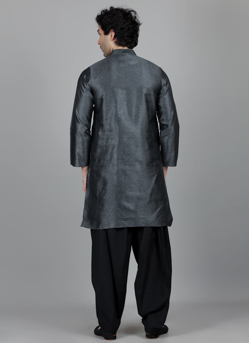 Men's Grey Jacquard Kurta Salwar Set