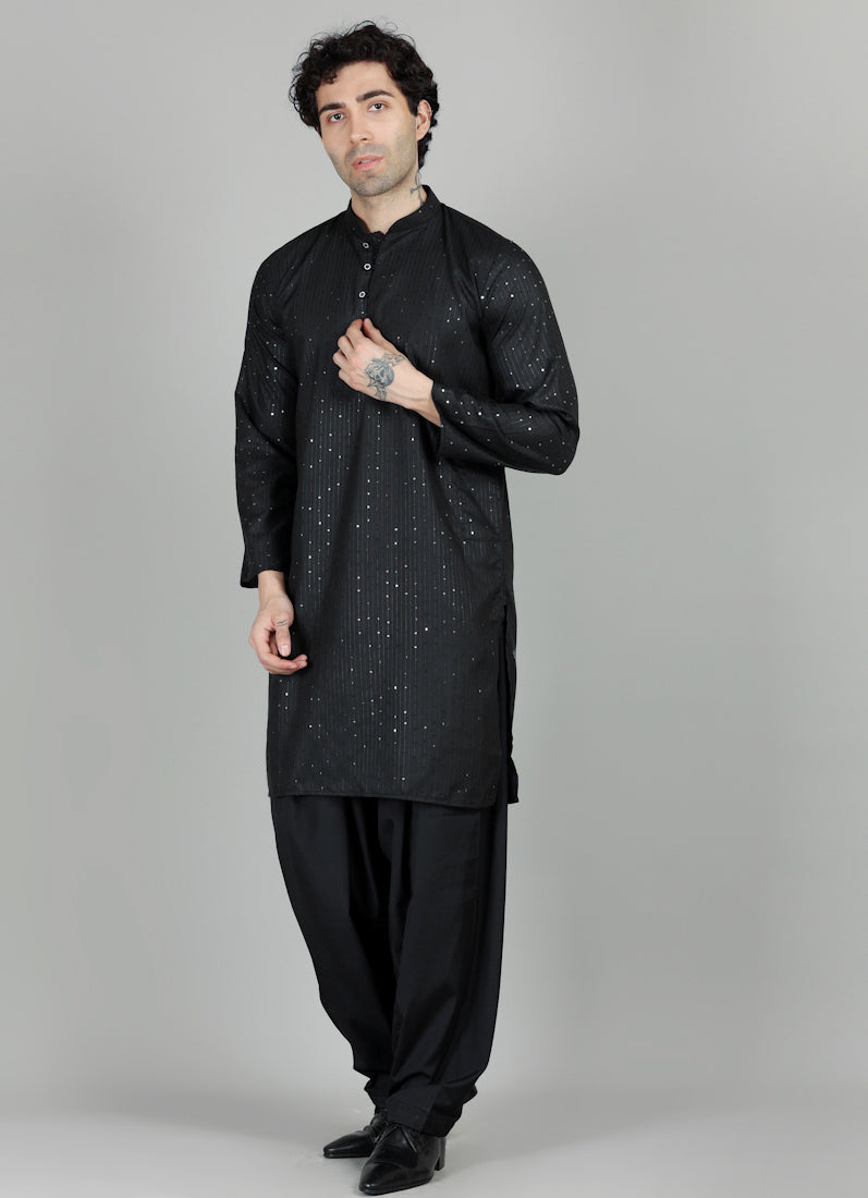 Men's Black Sequin Embroidered Salwar Set