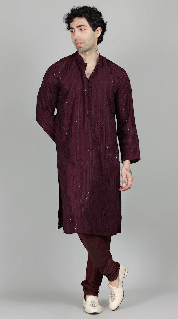 Men's Purple Sequin Embroidered Kurta Payjama Set