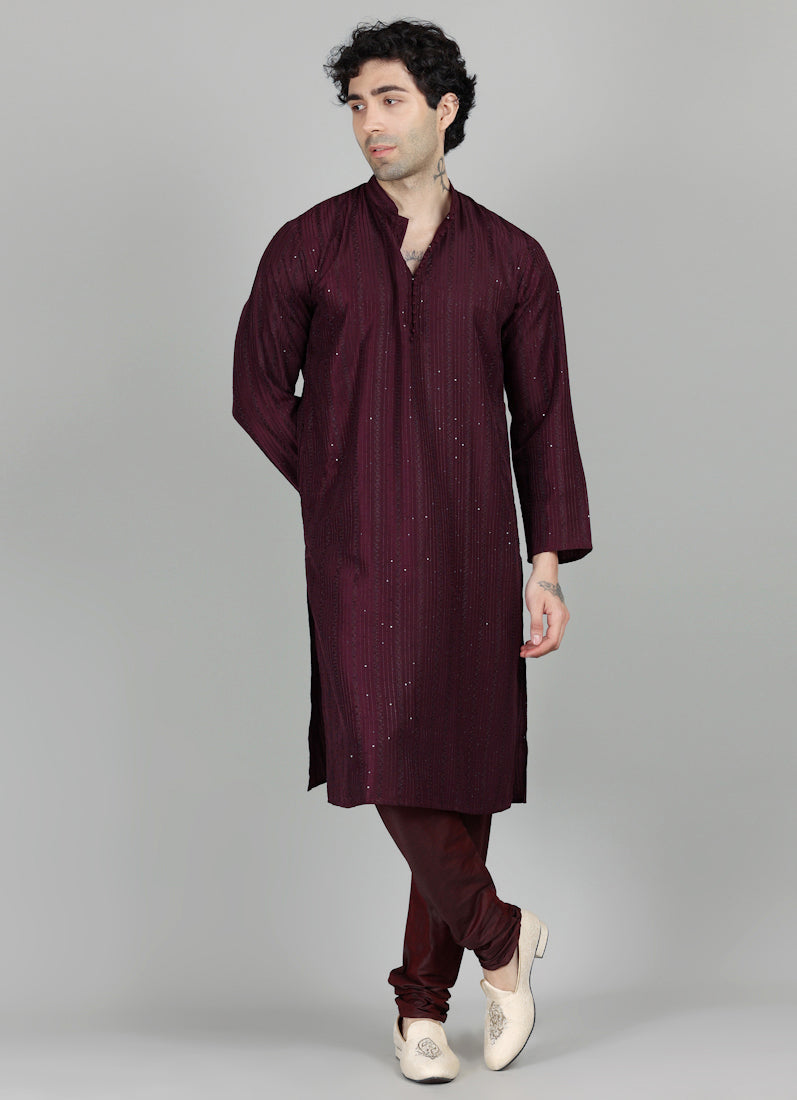 Men's Purple Sequin Embroidered Kurta Payjama Set