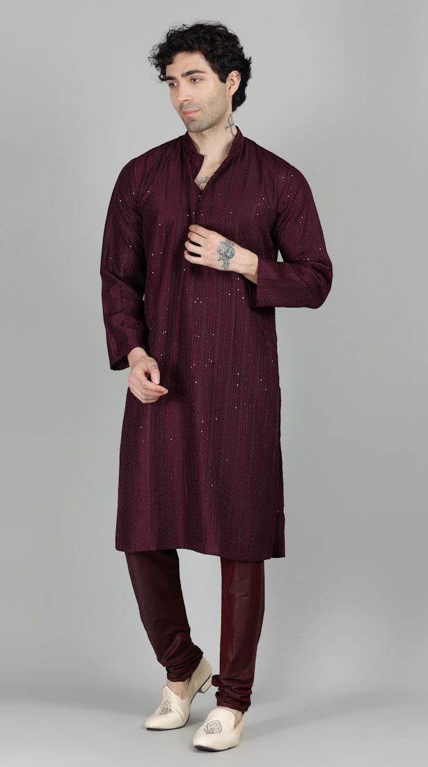 Men's Purple Sequin Embroidered Kurta Payjama Set