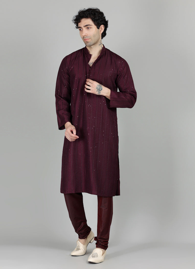Men's Purple Sequin Embroidered Kurta Payjama Set