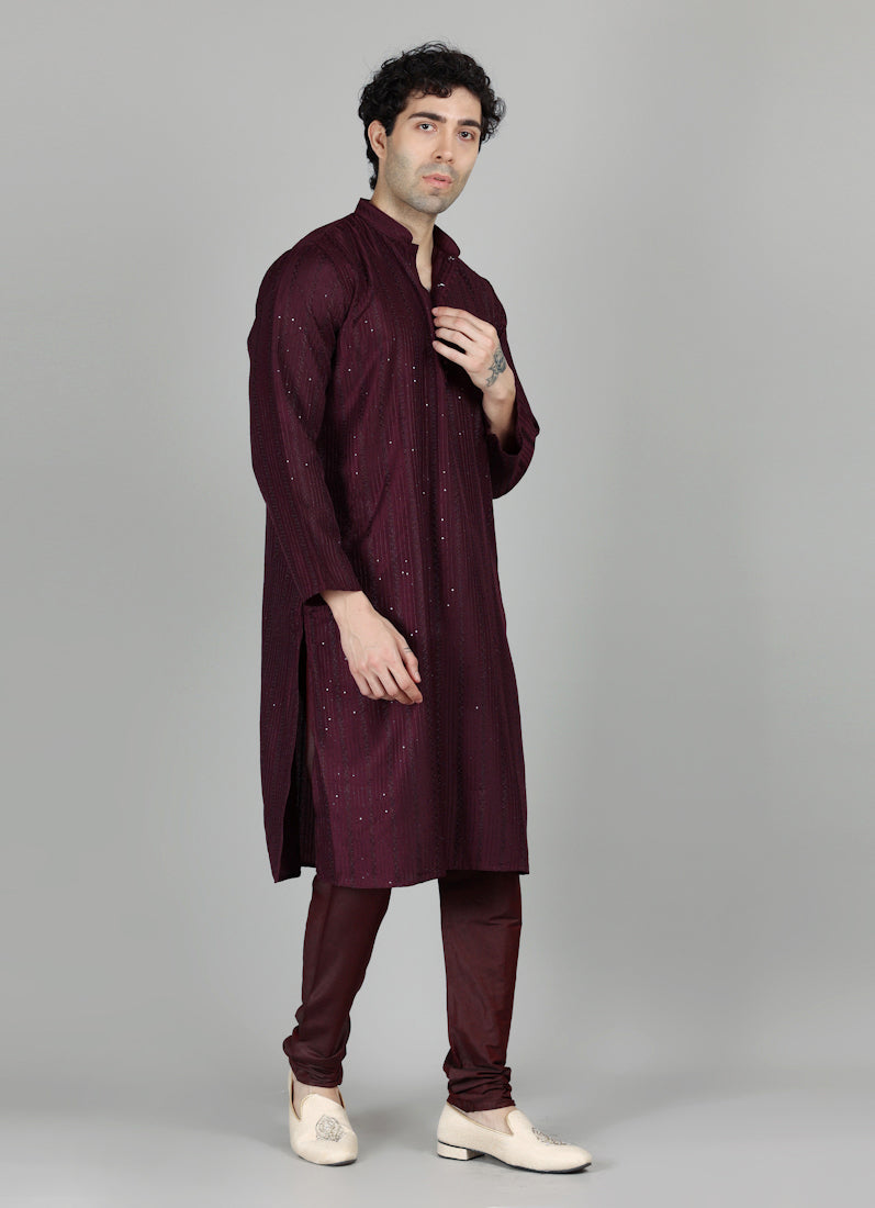 Men's Purple Sequin Embroidered Kurta Payjama Set